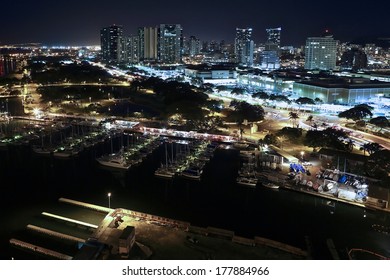 Scenic view of Honolulu city at night.