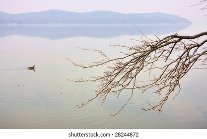 Scenic View Of The Hudson River On A Calm Winter Day.