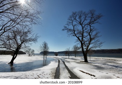 Scenic View Of The Hudson River In Winter.