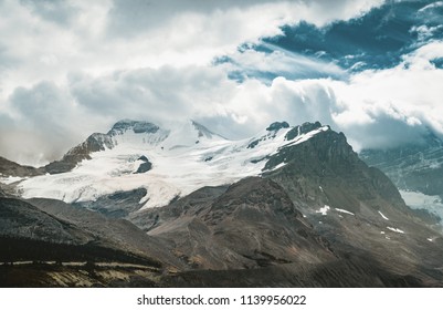 Scenic View Of Icefields Parkway And Cirrus Mountain In Banff National Park. It Travels Through Banff And Jasper National Parks And Offers Spectacular Views Of The Rocky Mountains.