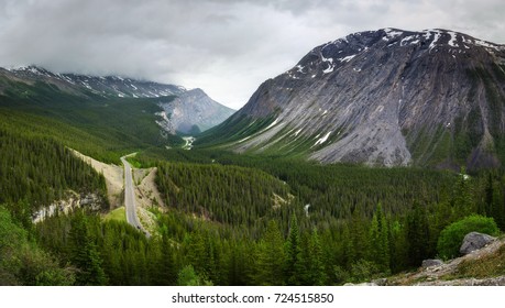 Scenic View Of Icefields Parkway And  Cirrus Mountain In Banff National Park. It Travels Through Banff And Jasper National Parks And Offers Spectacular Views Of The Rocky Mountains.