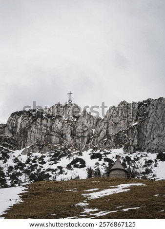 Similar – Foto Bild Kapelle auf schneebedecktem Berg zur goldenen Stunde bei Sonnenaufgang