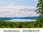 Scenic view of Keuka Lake, one of the major Finger Lakes in the U.S. state of New York.  It is Y-shaped, in contrast to the long and narrow shape of the other Finger Lakes. Summer scenes.