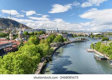 Scenic view of the Kura (Mtkvari) River in Old Town of Tbilisi, Georgia. Tbilisi is a popular tourist destination of the Caucasus region.