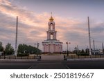 The scenic view of Kursk Christian church of St. George at Victory Park, Russia, during the summer day in Kursk region.
