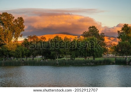Scenic view of Lake Elizabeth and Mission Peak at sunset, Fremont Central Park