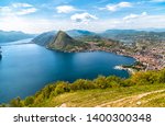Scenic view of lake Lugano with Monte San Salvatore and Lugano town from Monte Bre,  Ticino, Switzerland