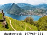 Scenic view of lake Lugano with Monte San Salvatore and Lugano town from Monte Bre, Ticino, Switzerland