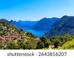Scenic view of lake Lugano from Monte Bre mountain in Ticino canton, Switzerland