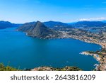 Scenic view of lake Lugano from Monte Bre mountain in Ticino canton, Switzerland