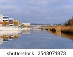 Scenic view of lake with reed and modern apartment buildings with blue cloudy sky on an autumn day at Swiss town of Opfikon Glattbrugg. Photo taken November 8th, 2024, Zurich Opfikon, Switzerland.