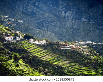 Scenic view of the landmark Masca Canyon, a green valley with a small town among the rocky mountains Masca Gorge in the rays of a sun, Tenerife, Canary Islands. - Powered by Shutterstock