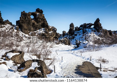 A scenic view of lava rock formation at Dimmuborgir, North Iceland