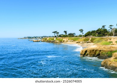 Scenic view of Lighthouse Field State Beach with rocky cliffs, tranquil waves, and a peaceful, sandy shore.. - Powered by Shutterstock