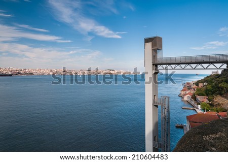 Scenic view of Lisbon with modern Elevator to Statue of Christ, Portugal.