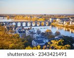 Scenic view of the Loire river with Cessart bridge in Saumur, Maine-et-Loire department, Western France