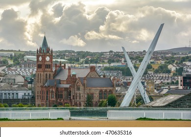 Scenic view of Londonderry, with Guildhall and Peace Bridge, Northern Ireland