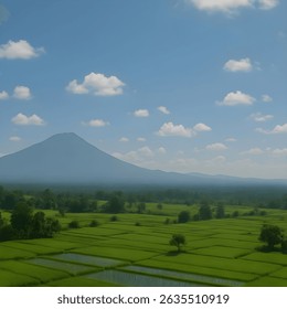 A scenic view of lush green rice fields with a majestic mountain in the background under a clear blue sky. Generated with AI