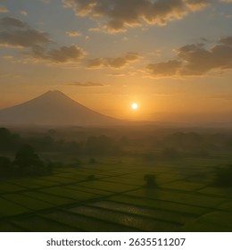 A scenic view of lush green rice fields with a majestic mountain in the background under a clear blue sky. Generated with AI