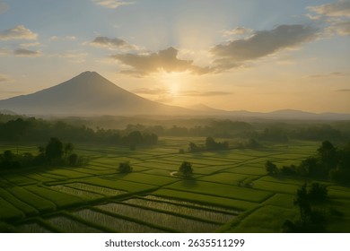 A scenic view of lush green rice fields with a majestic mountain in the background under a clear blue sky. Generated with AI - Powered by Shutterstock - Get 15% off with code: PIKWIZARD15