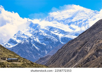 The scenic view of the Marsyangdi river valley near Khangsar in upper Manang on the Annapurna Circuit trek