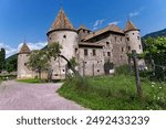 Scenic view of medieval castle named Maretsch Mareccio at Italian City of Bozen on a sunny summer day. Photo taken July 17th, 2024, Bolzano Bozen, Italy.