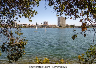 Scenic view of Merritt Lake with boats, California - Shutterstock ID 1695968425