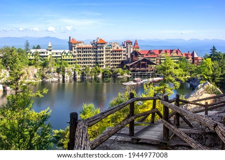 Scenic view of Mohonk Mountain House and Mohonk Lake in upstate New York.