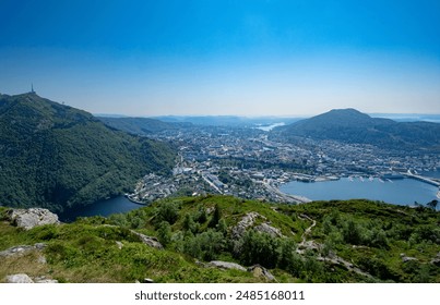 Scenic view from Mount Fløyen looking down on Bergen, Norway