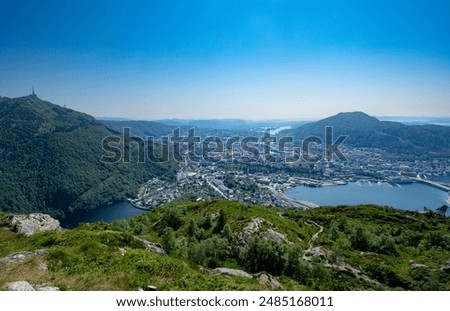 Scenic view from Mount Fløyen looking down on Bergen, Norway