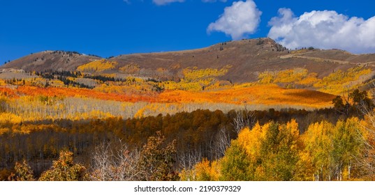 Scenic View Of Mountain Peak With Bright Fall Foliage In Cache National Forest From Monte Cristo Overlook In Northern Utah .