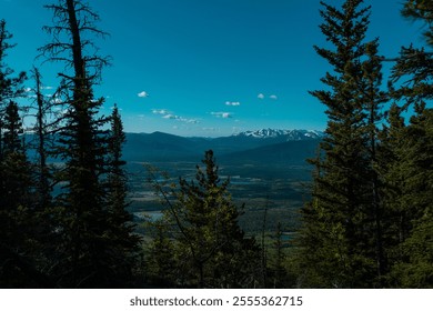 A scenic view of a mountainous landscape with snow-capped peaks in the distance, surrounded by dense forest and clear blue sky. - Powered by Shutterstock