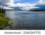 Scenic view of the mouth of the Brooks River flowing into Nak Nak Lake, Katmai National Park, Alaska
