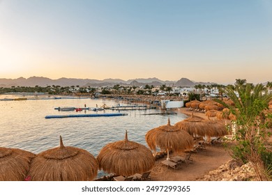 Scenic view of Naama Bay, Sharm-el-Sheikh, Egypt. Sunrise over the sea. Panoramic seascape. - Powered by Shutterstock