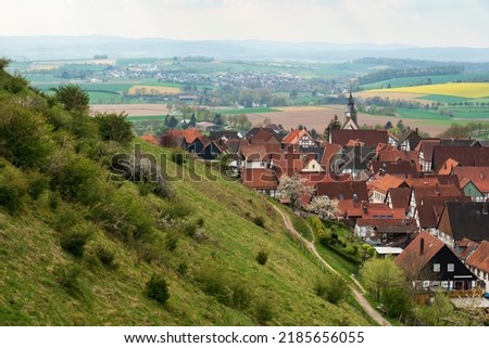 Scenic view of the old half-timbered houses of the town of Schwalenberg seen from the castle hill, Teutoburg Forest, Germany
