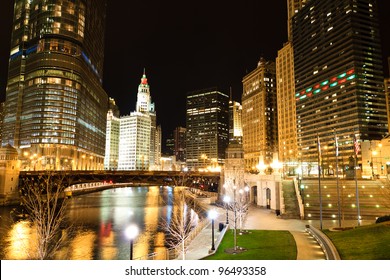 Scenic View On Chicago River At Night