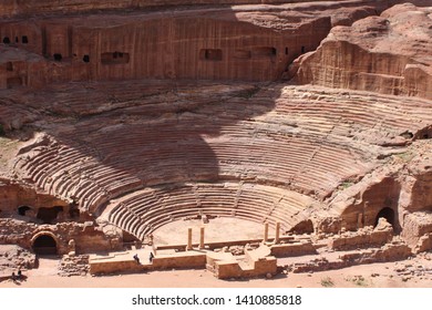 Scenic view on the Petra Theater and other tombs from the rocks of the Street of Facades in a famous historical and archaeological city of Petra, Wadi Musa, Jordan