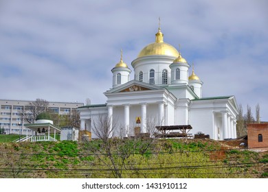 Scenic View Of Orthodox Church On Hill In Historic Center Of Nizhniy Novgorod. Beautiful Sunny Summer Look Of Orthodox Temple With Golden Domes In Ancient Touristic City In Russian Federation