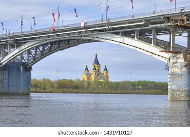 Scenic View Of Orthodox Church On Bank Of Oka River In Historic Center Of Nizhniy Novgorod. Beautiful Sunny Summer Look Of Orthodox Temple In Ancient Touristic City In Russian Federation