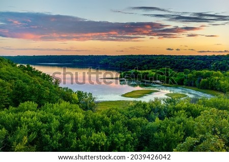 Scenic view overlooking the confluence of the Kinnickinnic and St. Croix rivers and delta at Kinnickinnic State Park in Wisconsin during late summer.
