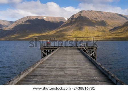 Scenic view of Önundarfjörður Pier, fjord and mountains in Westfjords, Iceland
