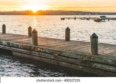 scenic view of pier in the sunset in lake washington,kirkland,Washington,usa.