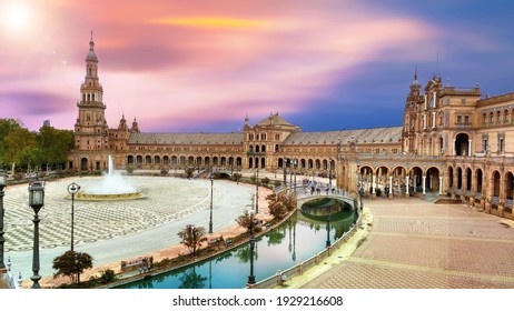 scenic view of Plaza de España The Plaza de España is a plaza in the Parque de María Luisa, Historical landmark in Seville sunset, Spain - Powered by Shutterstock