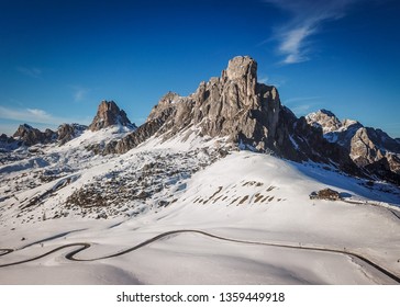 Scenic view of Ra Gusela peak in front of mount Averau and Nuvolau, in Passo Giau, high alpine pass near Cortina d'Ampezzo, Dolomites, Italy
