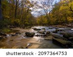 A scenic view of a river flowing in the forest in White Clay Creek State Park, Newark, Delaware