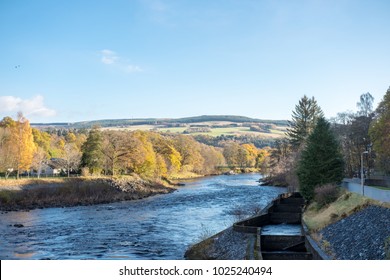 
Scenic view of River Tummel, Pitlochry Dam as part of Perth and Kinross. Scotland, United Kingdom