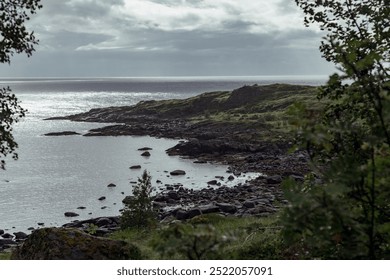 Scenic View of Rocky Coastline and Tranquil Waters in the Lofoten Islands, Norway, Showcasing Nature’s Beauty and a Vibrant Landscape - Powered by Shutterstock