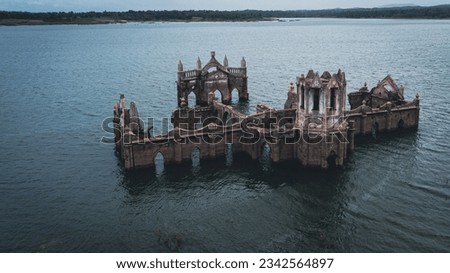 Scenic view of ruins of Shettihalli Rosary Church, Hassan, Karnataka, India underwater due to heavy rainfall