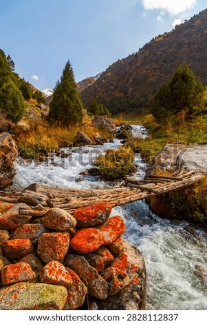 Scenic view of a rustic log bridge spanning a fast-flowing mountain stream. Surrounding landscape features rocky slopes, evergreen trees, and autumn foliage under a clear blue sky.