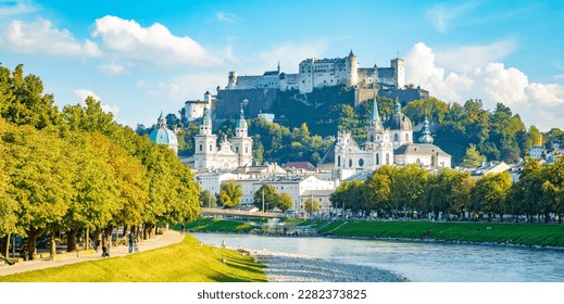 Scenic view of Salzburg old town skyline, Austria travel photo. Wide panoramic landscape of Salzburg city and Hohensalzburg Fortress. - Powered by Shutterstock